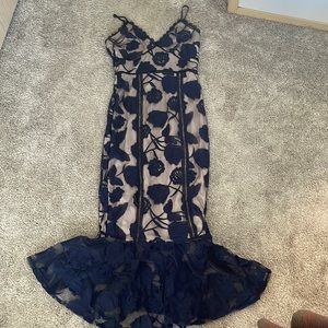 Never worn navy blue floral mesh lace trumpet midi dress